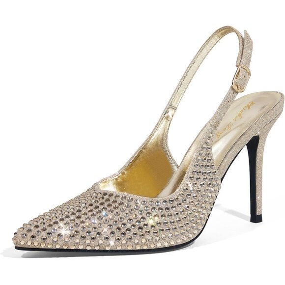Women's Gold Rhinestone Stilettos Pointed Toe Closed Elegant Stylish Pumps Heel
